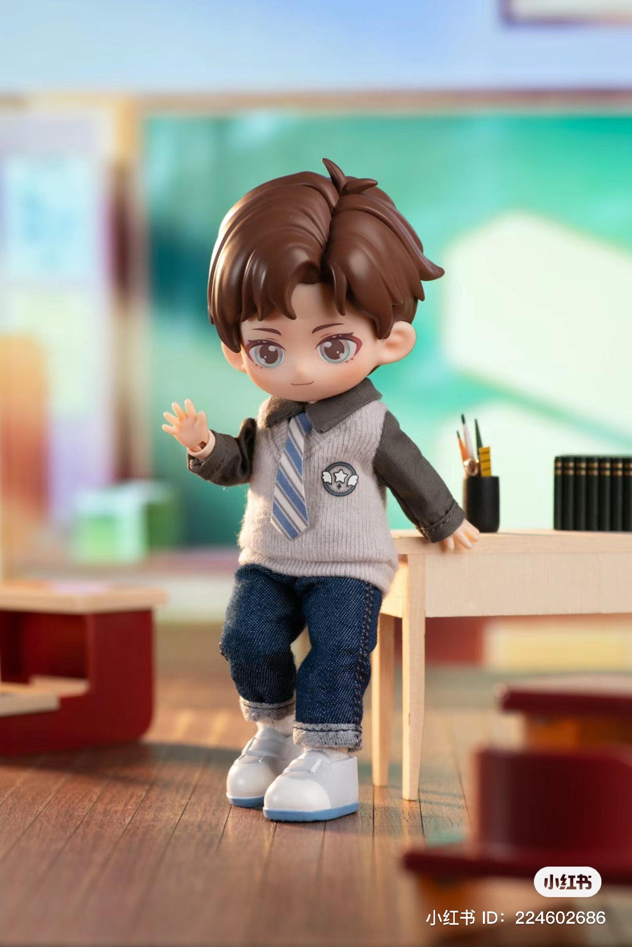 PEETSOON School Life BJD Blind Box Series: Toy doll with tie, jeans, and white shoes, standing on desk.