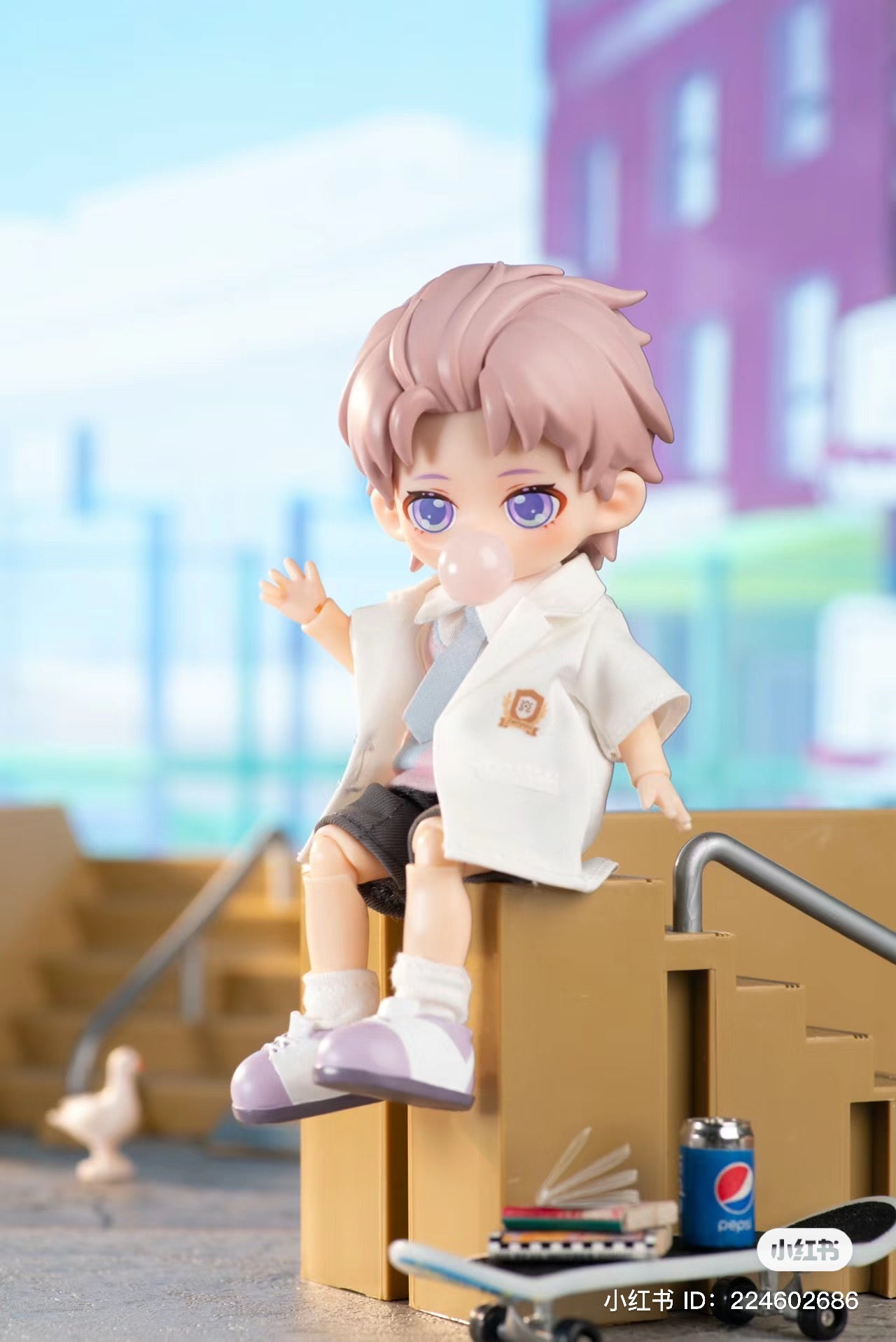 Toy doll with bubble gum sitting on a staircase, part of the PEETSOON School Life BJD Blind Box Series.