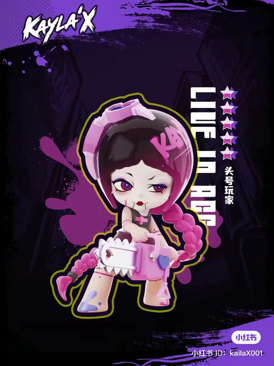 Kayla X·K Zone Blind Box Series character holding a toy chain saw, with pink hair and helmet, part of a cartoon design.