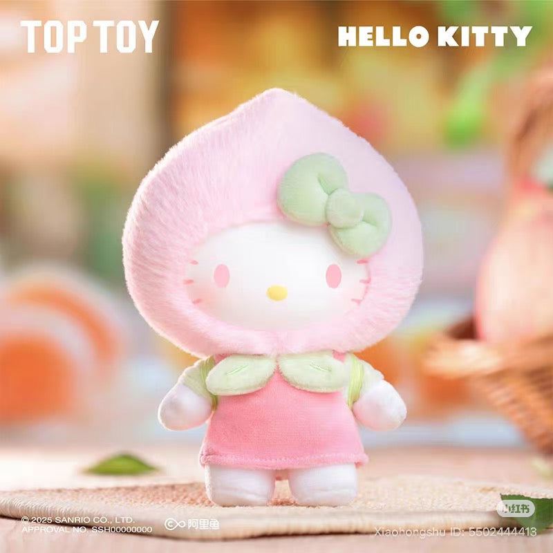 Hello Kitty plush keychain in strawberry-themed outfit from Sanrio Fruit Paradise Plush Keychain Blind Box Series, available for preorder at Strangecat Toys.