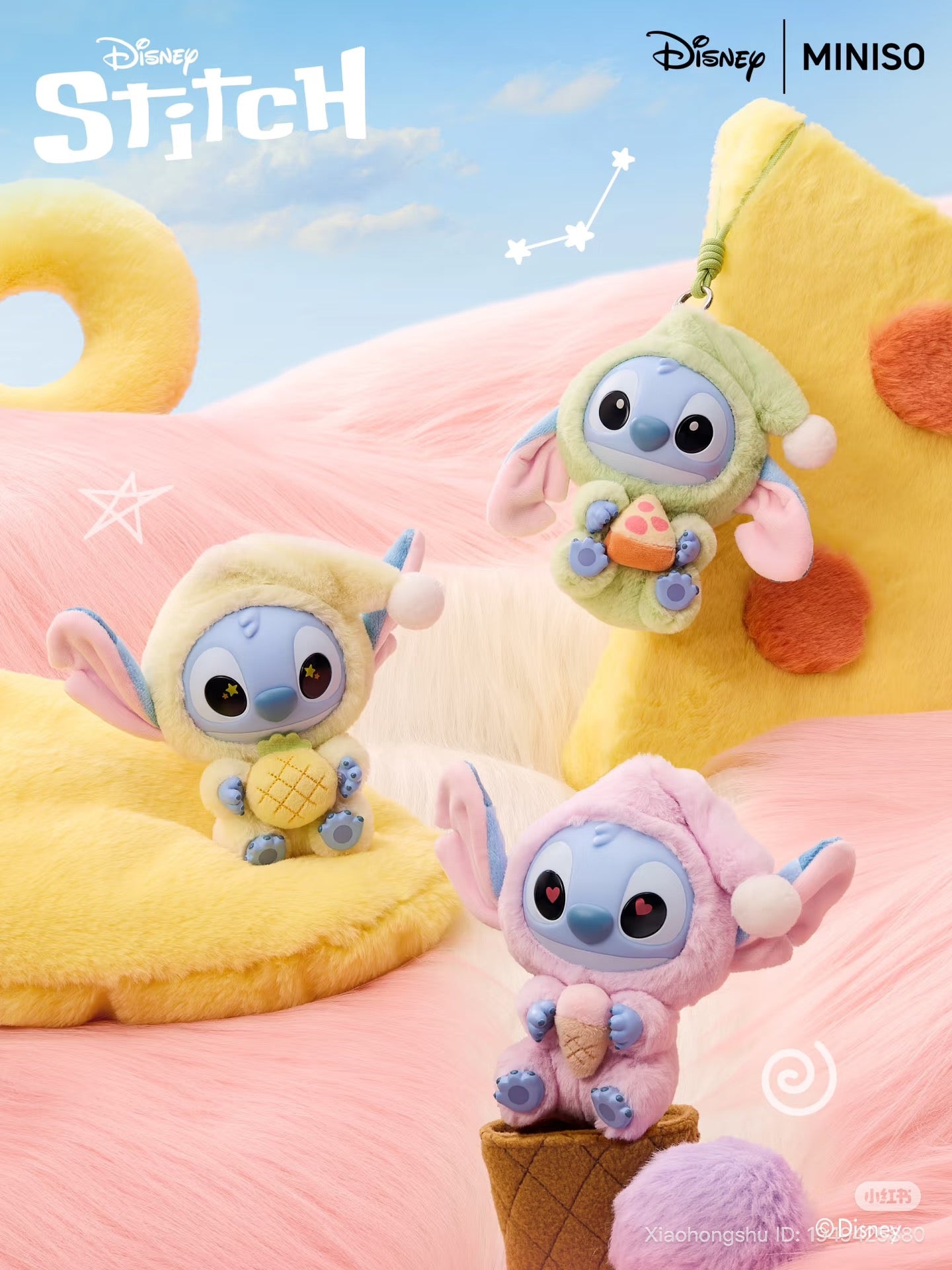 Stitch Eat Something Before Sleep Plush Keychain Blind Box featuring Stitch in pastel onesies with snacks, against a Disney and MINISO-themed backdrop.