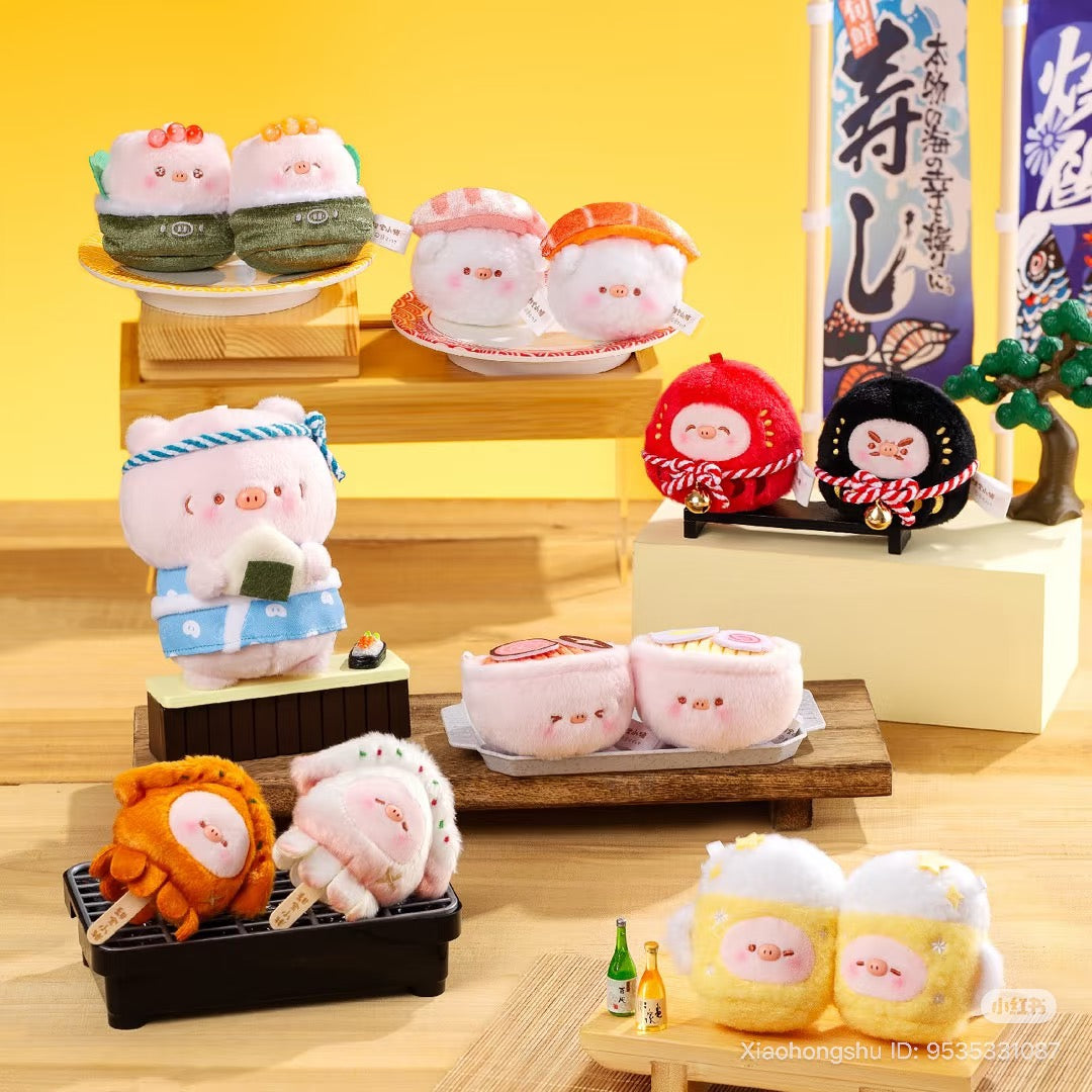 Timbo- Izakaya Series Plush Pendant Blind Box features pig-faced plush toys styled as Japanese foods, including sushi, onigiri, and popsicle characters, in a whimsical product display.