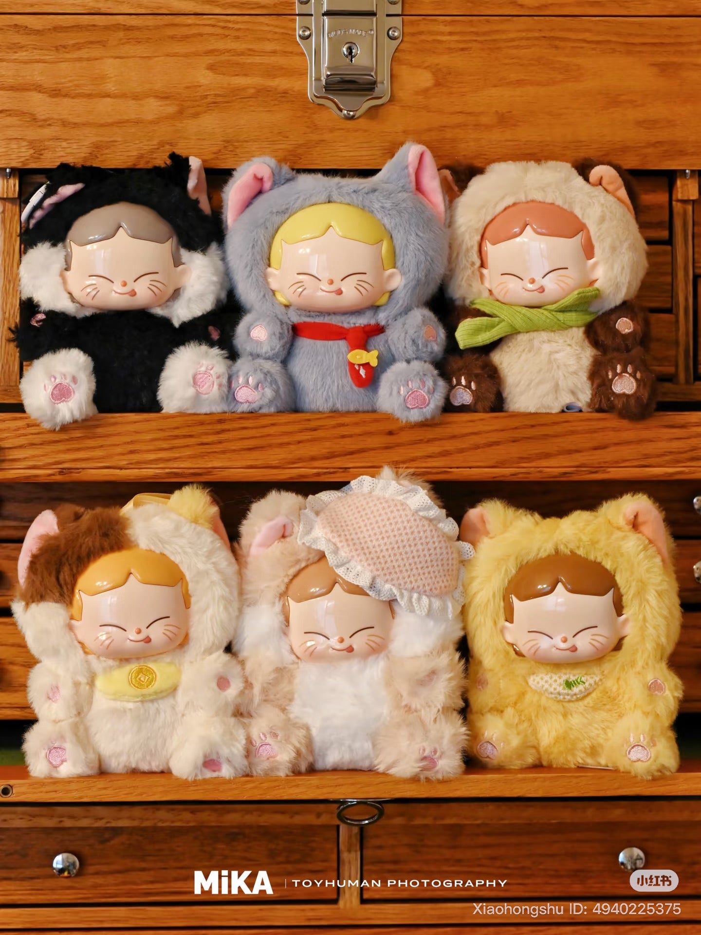 MiKA-Cat Cafe In Operation Series Plush Blind Box, featuring six plush figures in cat suits, displayed on a wooden surface. Preorder available, shipping by October 2025.