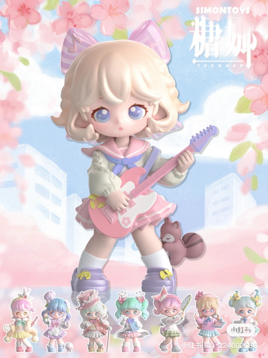 TEENNAR Tangna Sakura Blind Box Series toy featuring a cartoon girl figurine holding a guitar, part of a collectible series with 8 designs.