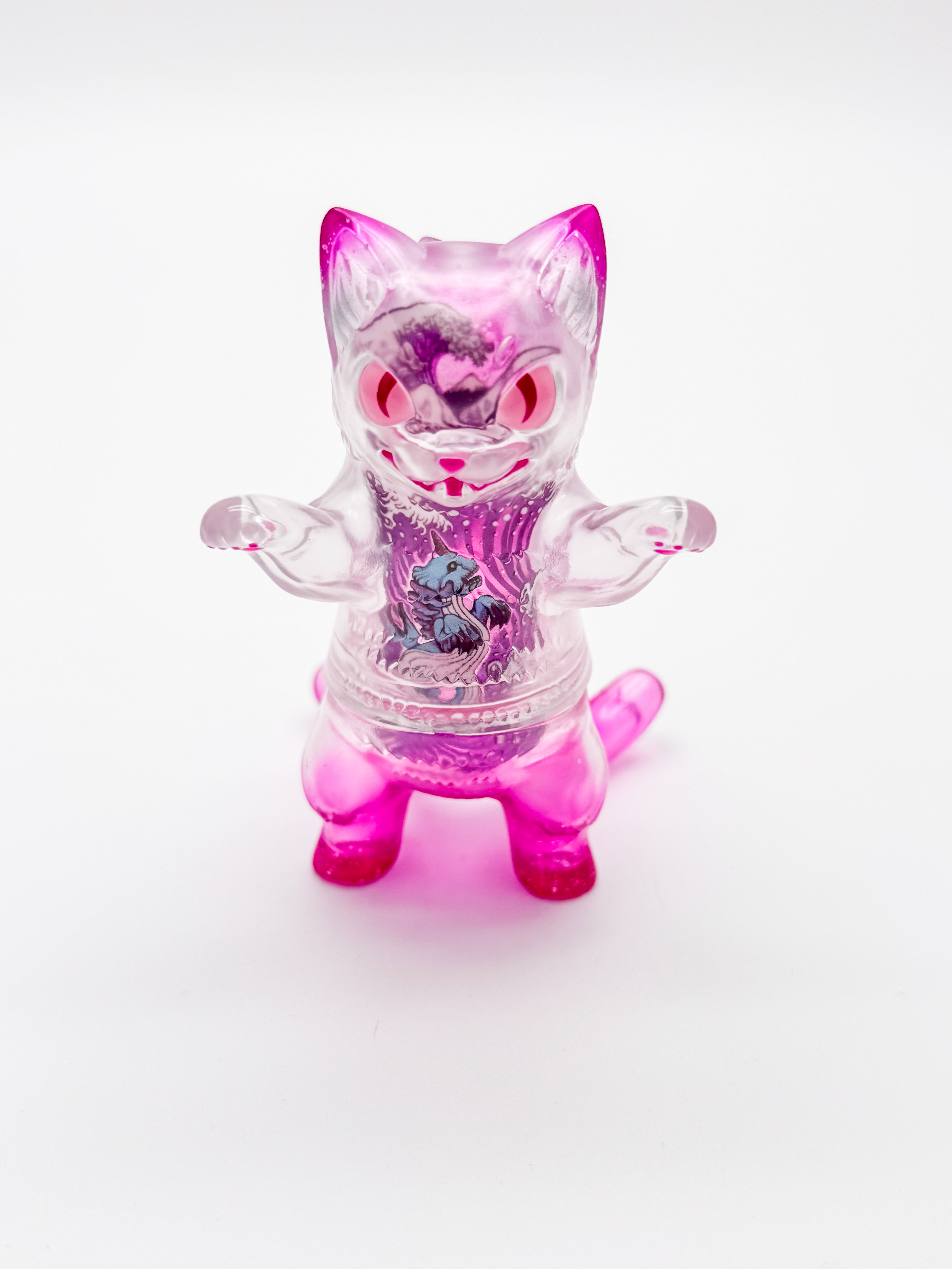 Konatsuya x Candie Bolton Negora Bakekujira Pink waves version, a limited edition 10cm Sofubi cat figurine, available at Strangecat Toys.