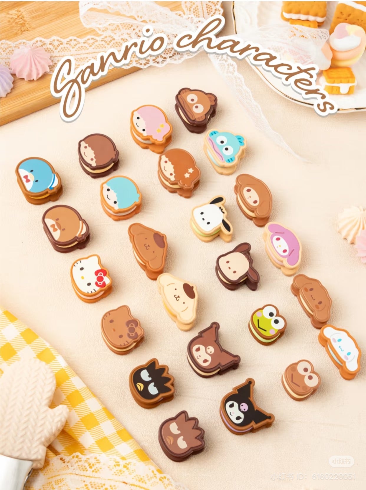 Sanrio Characters Sandwich Cookies Series Candy Beans Blind Bag featuring small, animal-shaped confectionery figures. Each bag includes five collectible figures, perfect for blind box enthusiasts.