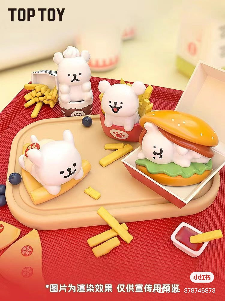 A tray with a Maltese Afternoon Tea Blind Bag Series toy bear, toy burger, and toy animal on it from Strangecat Toys, a blind box and art toy store.