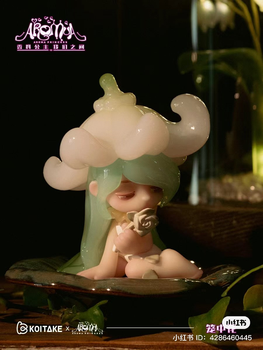 A blind box series figurine, Aroma Princess Between Us, featuring a girl holding a rose. Preorder for May 2024. Available at Strangecat Toys.