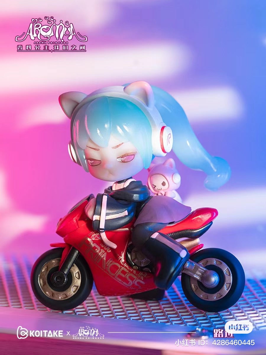 A blind box series featuring Aroma Princess Between Us figurines, including a girl on a red motorcycle and a cat on a toy motorcycle. From Strangecat Toys.