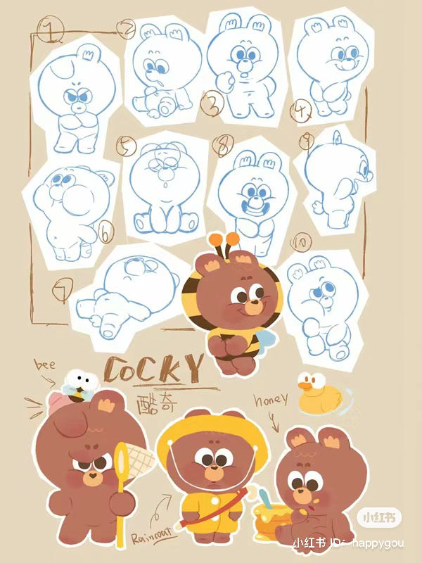 A blind box series featuring a cartoon bear, bee, and duck illustrations. Preorder - Ships June 2024. From Strangecat Toys.