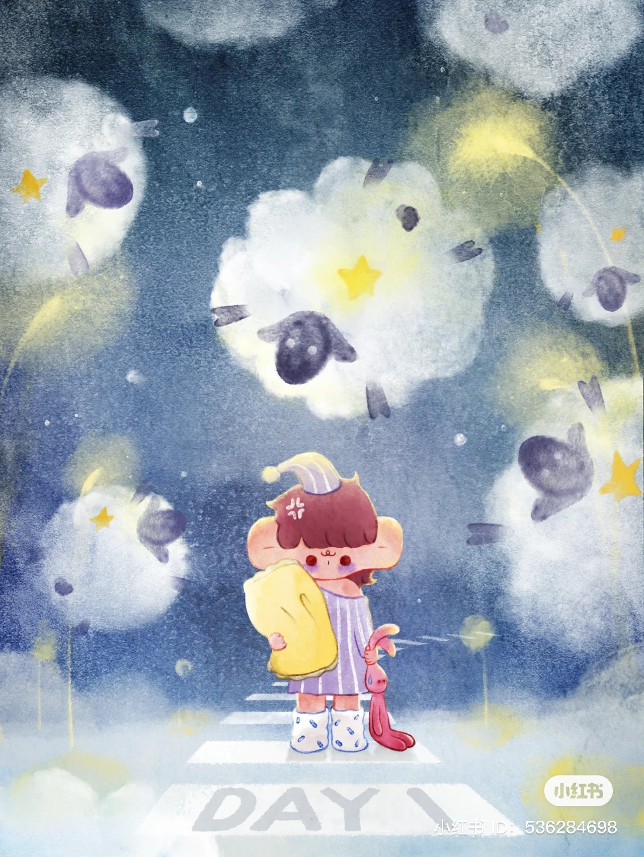 Cartoon of a girl with a blanket and a toy from ISLAND WHITE NIGHT ENDLESS NIGHT Blind Box Series by Wonton Island.