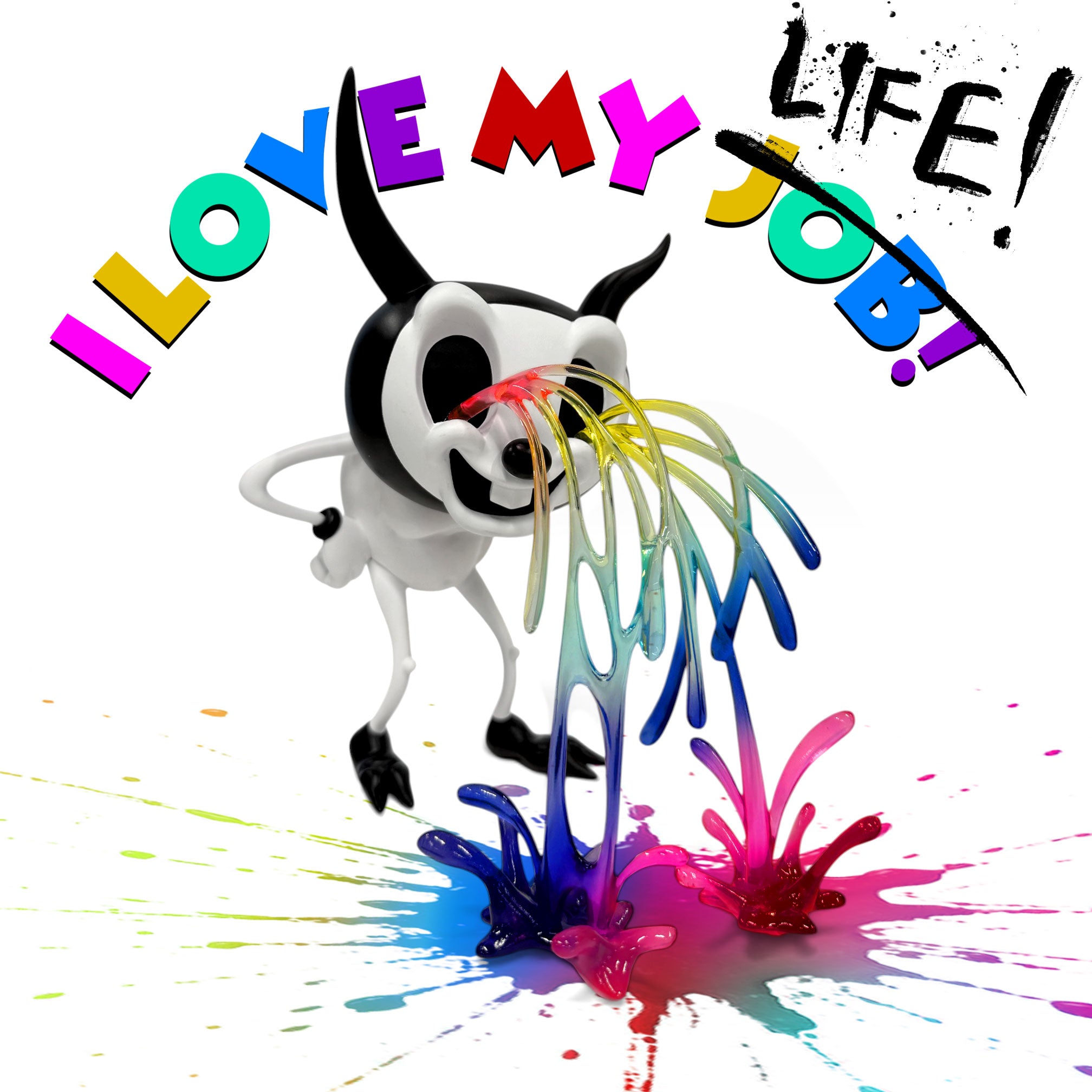 I Love My Life by Alex Pardee: A 6 vinyl figure depicting a cartoon creature vomiting rainbow paint, limited to 125 pieces, merging nostalgia with vibrant surrealism.