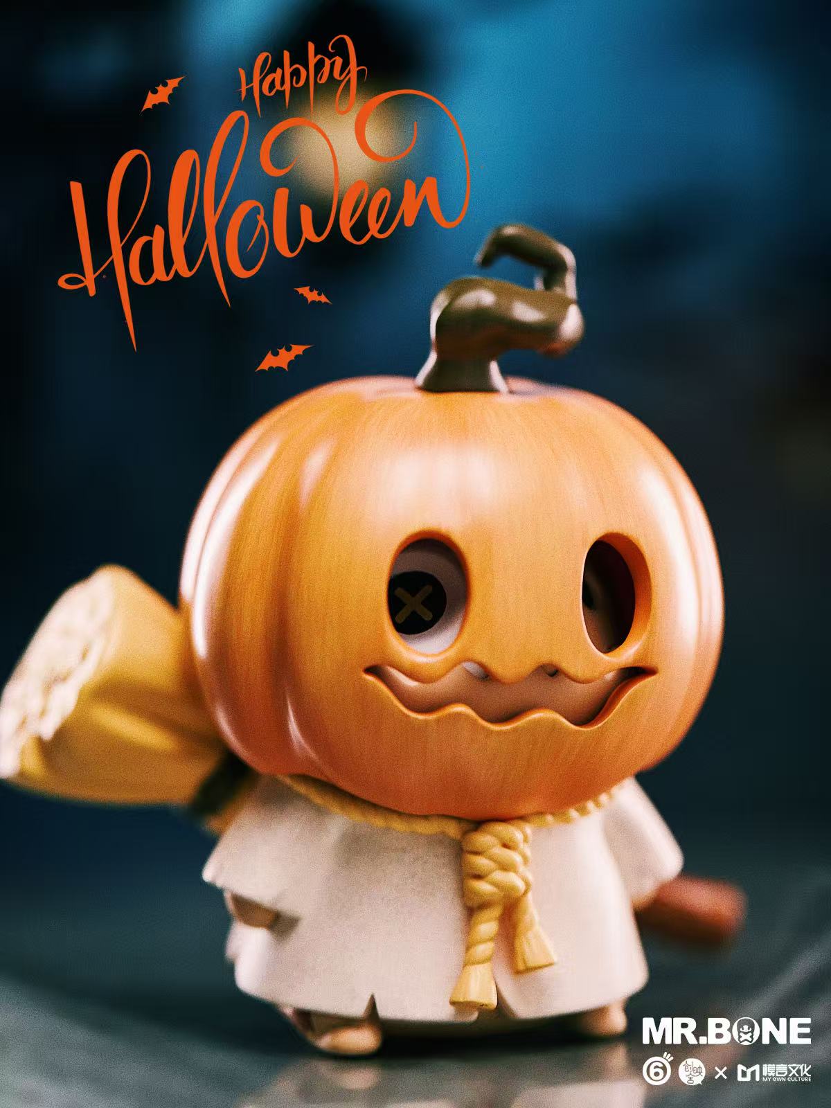 Mr. Bone collectible figure with pumpkin head, cream cloak, and broom, featuring Happy Halloween. Limited edition, preorder available.