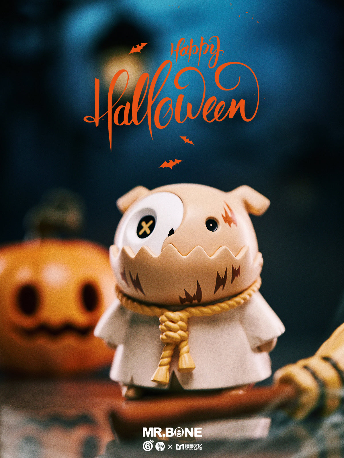 Mr. Bone (200%) - Happy Halloween Limited Edition designer toy featuring a ghost-like figure with a pumpkin helmet, available for preorder at Strangecat Toys.