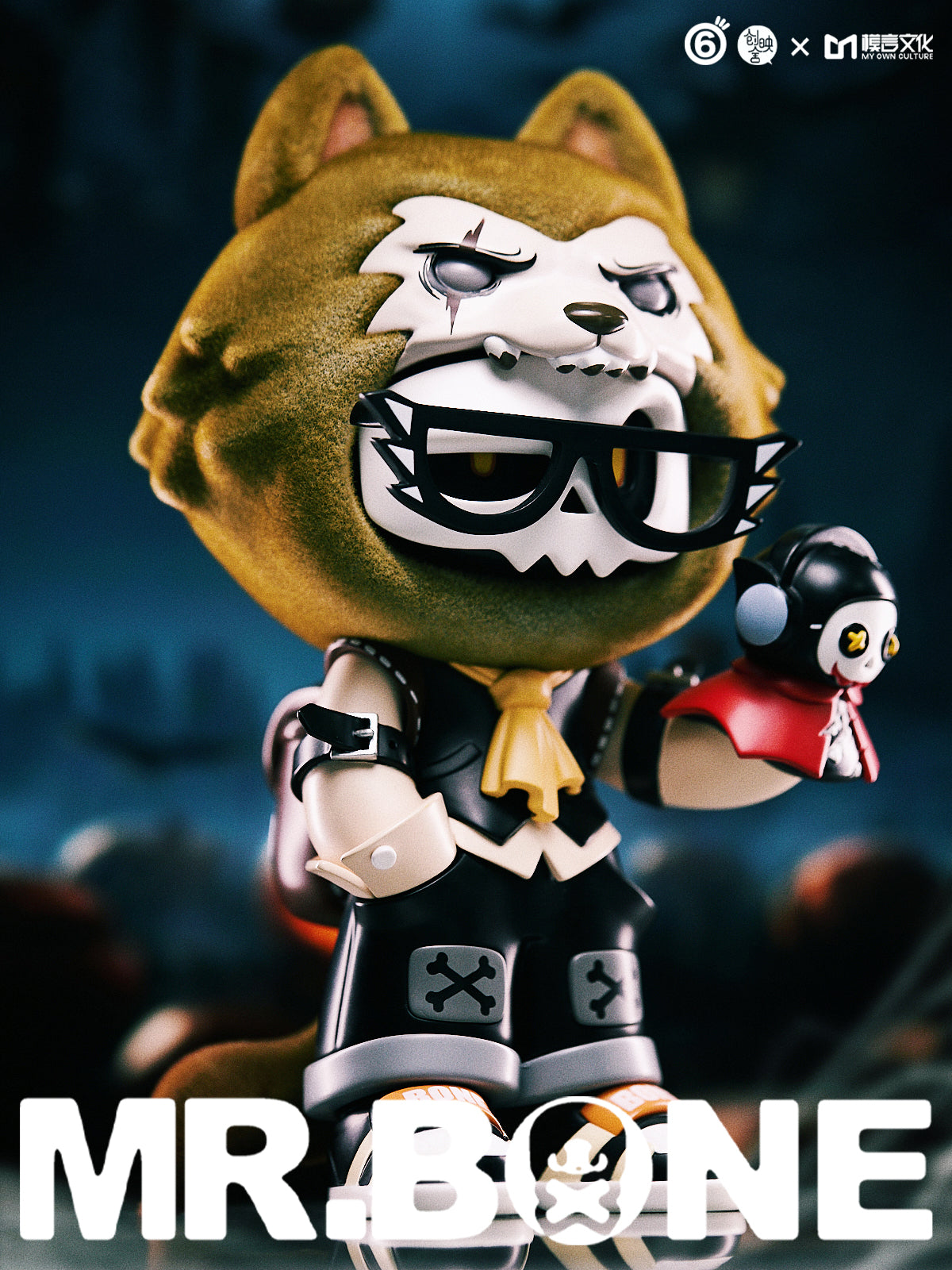 Mr. Bone (200%) - Happy Halloween Limited Edition collectible figure, featuring chibi skull face, wolf hood, and red puppet, available for preorder at Strangecat Toys.