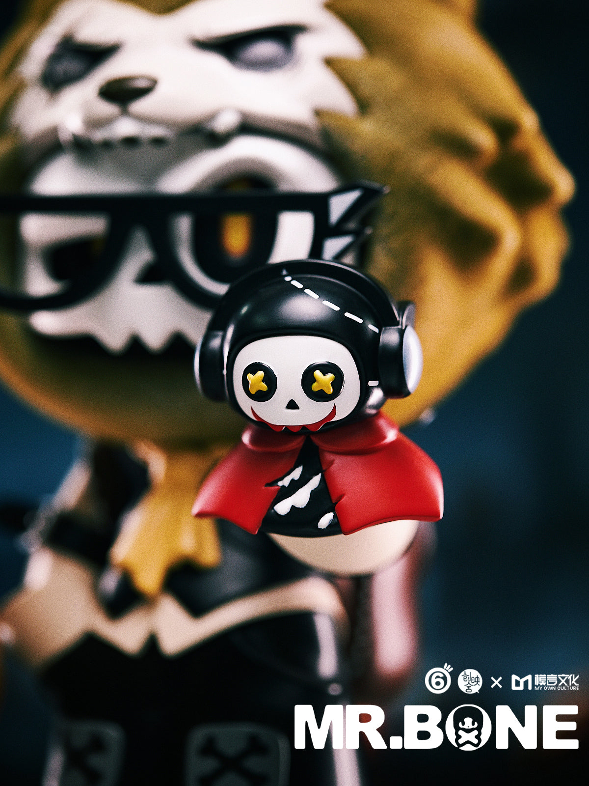 Mr. Bone (200%) - Happy Halloween Limited Edition vinyl toy with skull head, yellow eyes, black helmet, red cape; preorder, limited to 300 pieces, includes oversized dog.