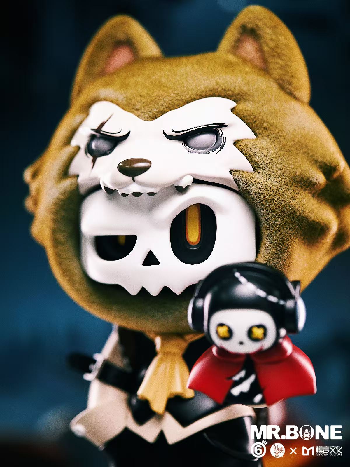 Mr. Bone (200%) - Happy Halloween Limited Edition figurine, featuring a skull in a wolf-head hood with a red-cloaked doll, preorder now.