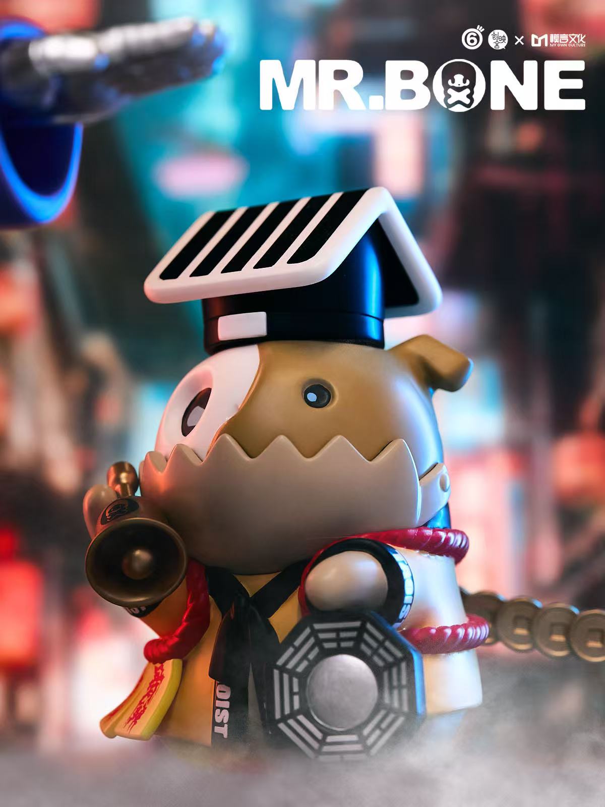 MR. BONE (200%) - Chinese Vampire Limited Edition collectible figure, featuring two-tone head, black sash, and accessories, set against a neon-lit city backdrop. Preorder now.