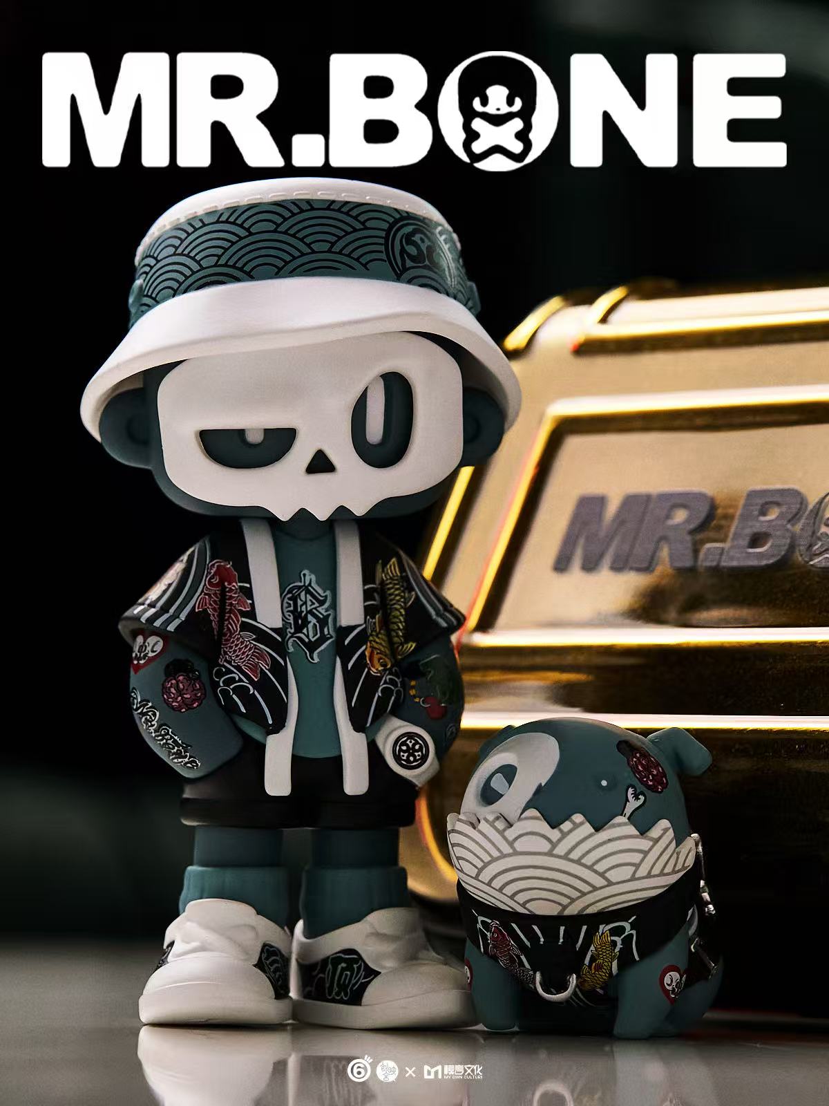 Mr. Bone Yakuza Limited Set: Preorder includes a stylized skeleton and dog figures in streetwear, featuring koi motifs and accessories, with a gold embossed MR. BONE bar.