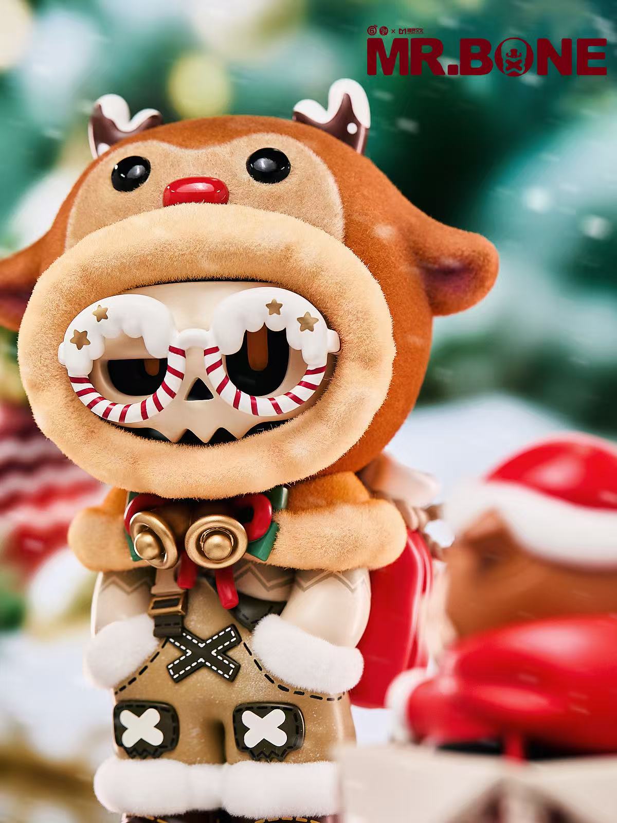 Mr. Bone (200%) - Christmas Limited Edition - Preorder: Skeleton figure in reindeer attire, with antlers, candy-cane glasses, and jingle bells, set in a holiday scene.