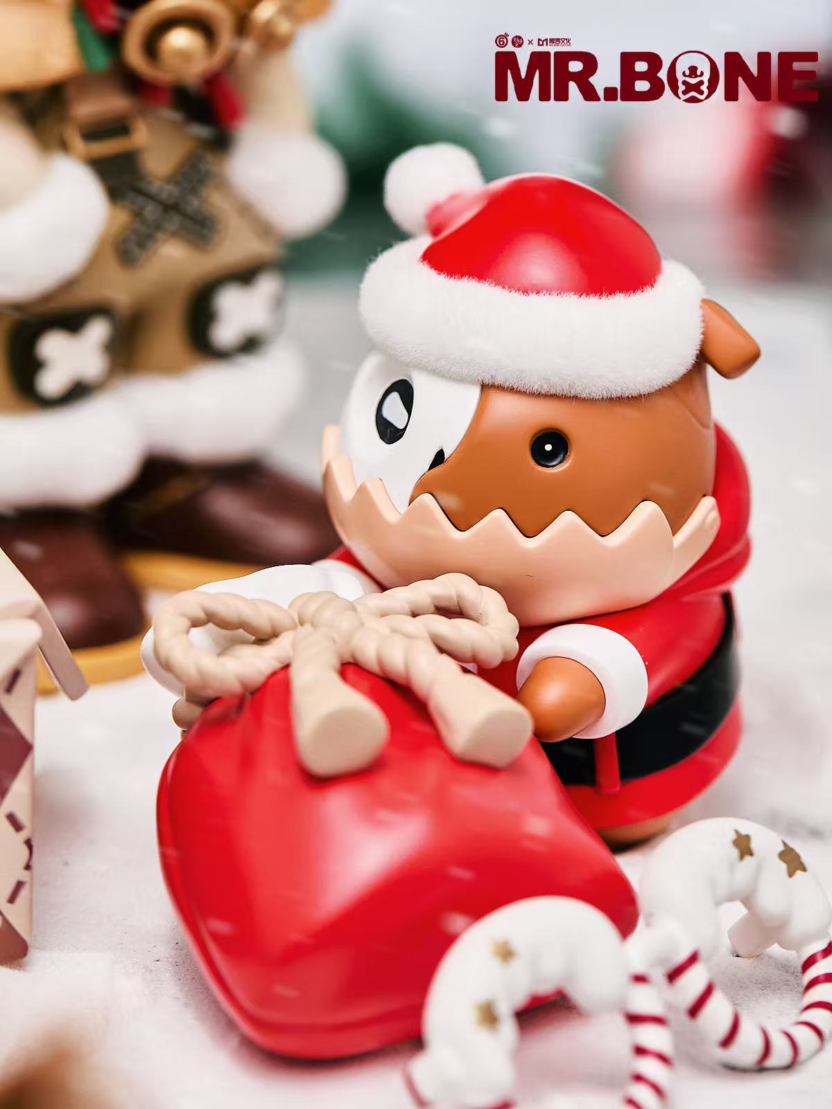 Mr. Bone (200%) - Christmas Limited Edition vinyl figure in Santa outfit with gift sack and candy-cane legs. Preorder now, limited to 300 pieces globally.