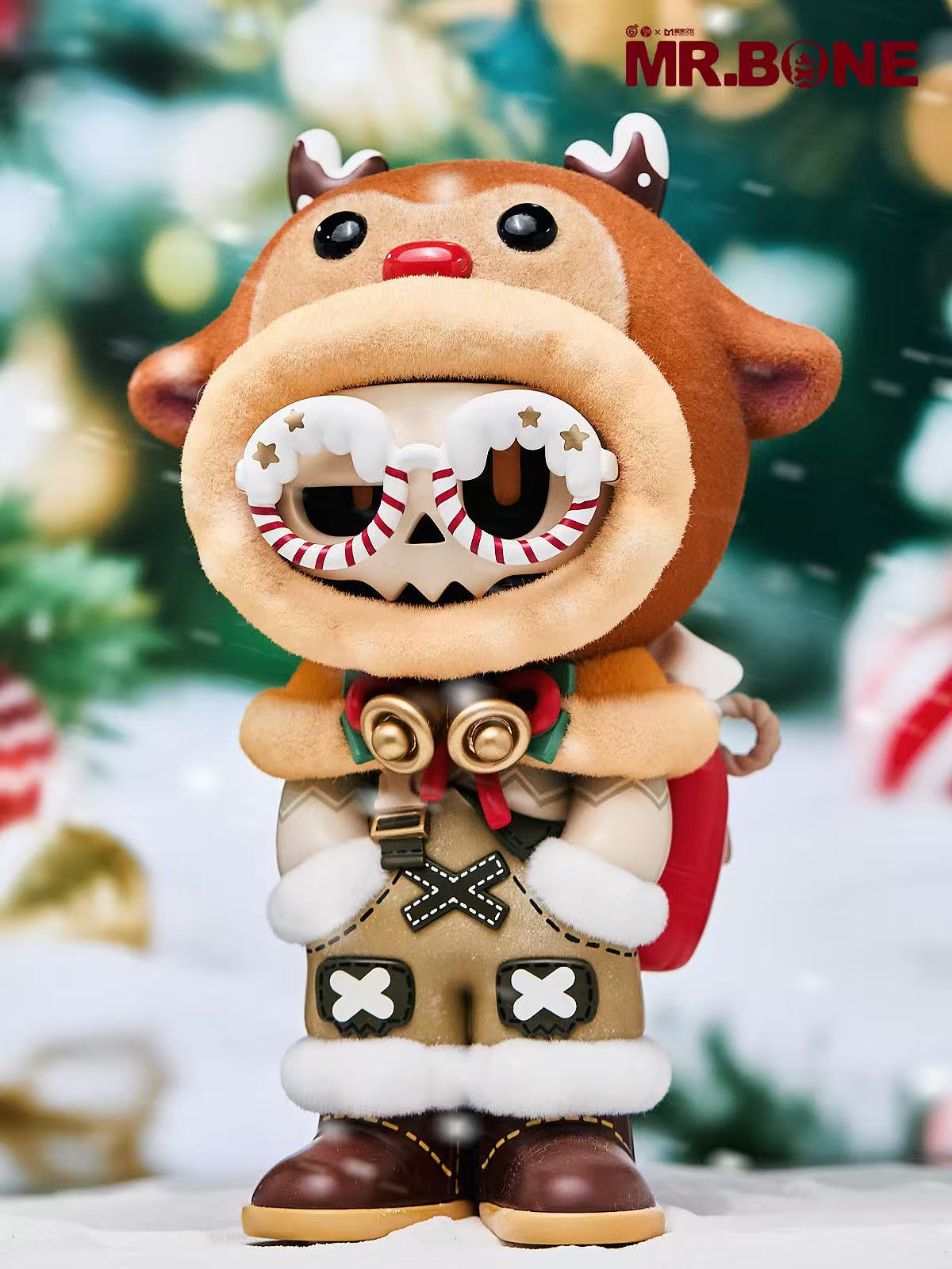 Mr. Bone (200%) - Christmas Limited Edition collectible in reindeer-themed attire with skull face, candy-cane glasses, and gold bells. Preorder for Q1 2026 shipment.