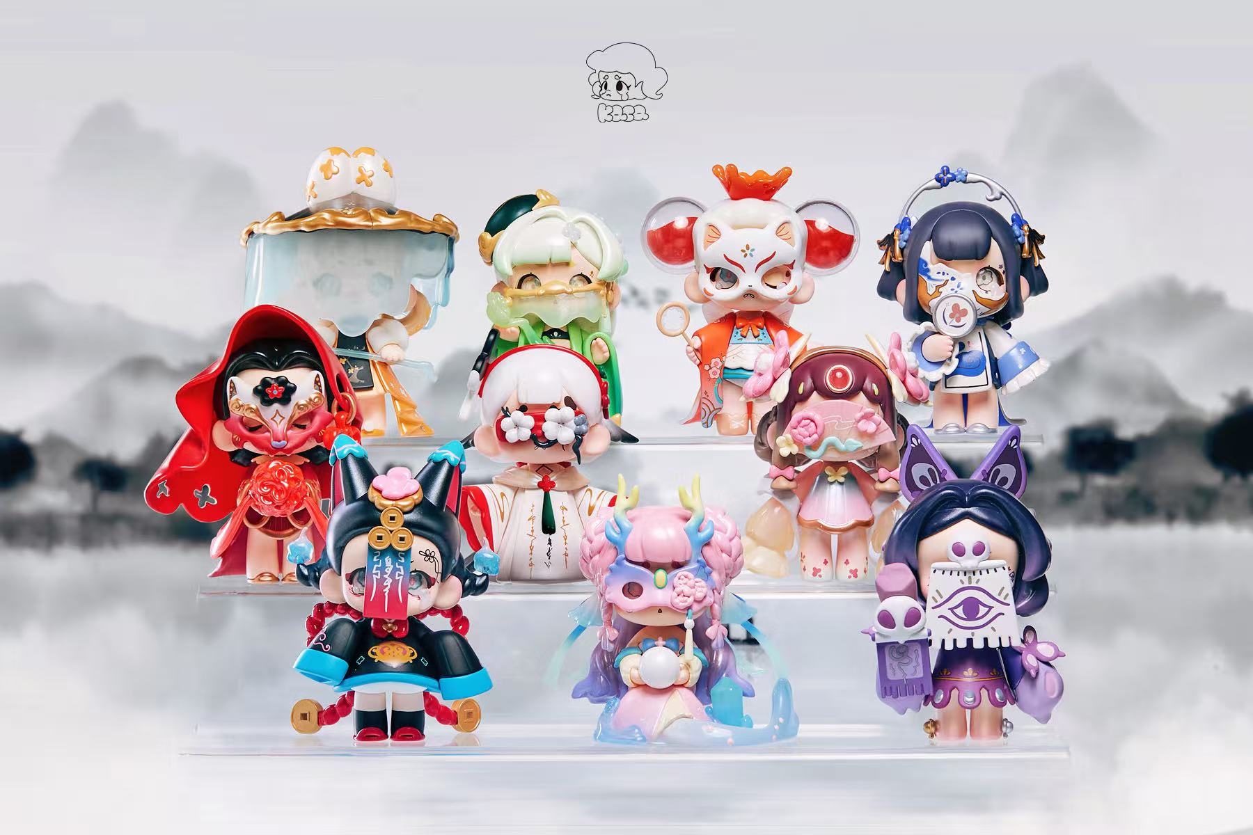 KASA 2.0 - Mystic Tales Blind Box Series features nine stylized art-toy figures with mythic-inspired masks, arranged in tiers against an ink-wash background.