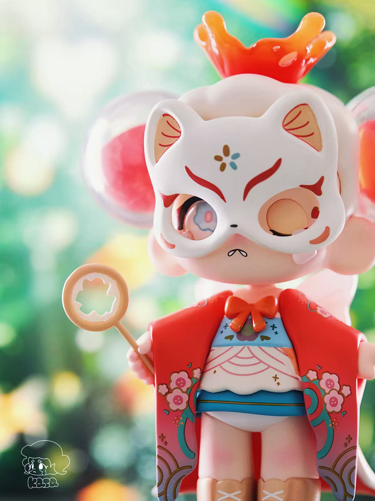 KASA 2.0 - Mystic Tales Blind Box: Chibi figure with kitsune mask, red kimono with cherry blossoms, holding key-shaped prop. Collectible designer toy from Strangecat Toys.