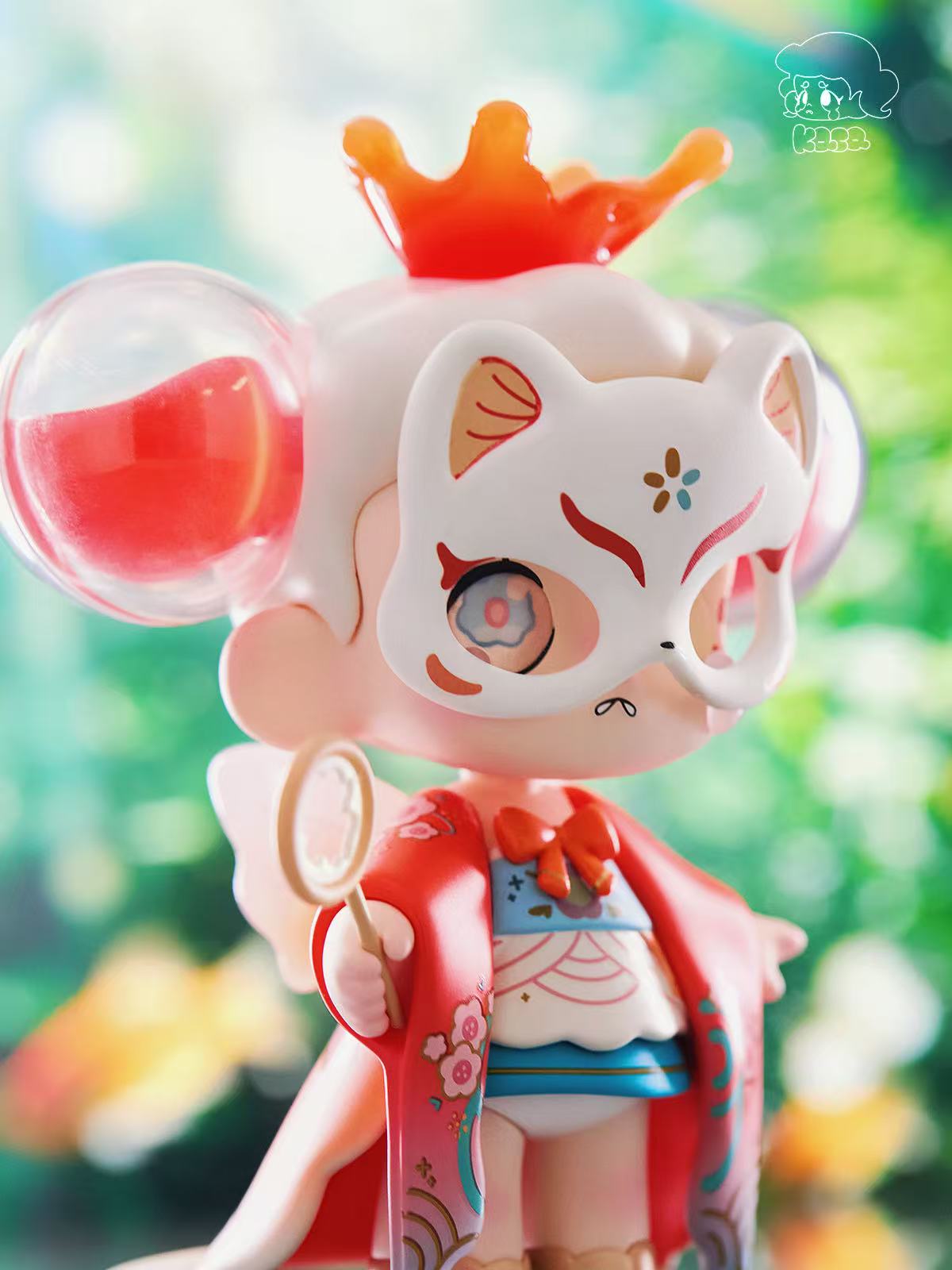 KASA 2.0 - Mystic Tales Blind Box Series figure with a fox-inspired mask, translucent ears, kimono, and mirror, showcasing intricate design and vibrant details.