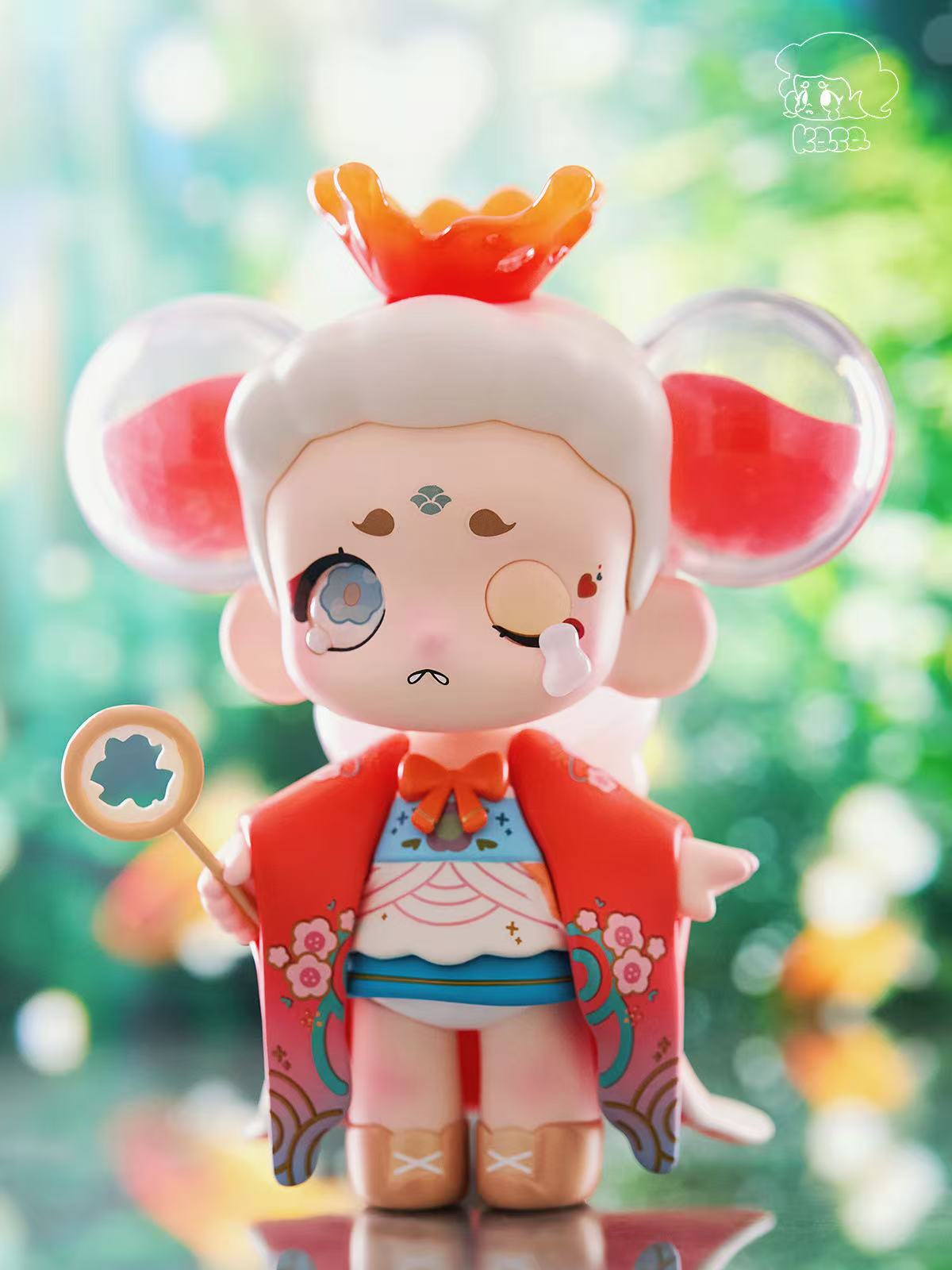 KASA 2.0 - Mystic Tales Blind Box Series figurine in red floral kimono, holding a scepter, with crown, tear-drop detail, and animal ears.