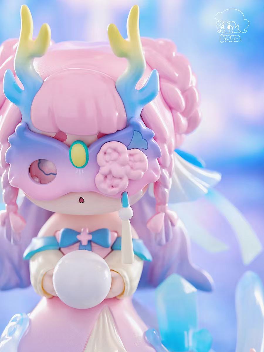 KASA 2.0 - Mystic Tales Blind Box Series figure, featuring an anime character with pink braids, antlers, mask, and orb, evoking a fairy-tale essence.