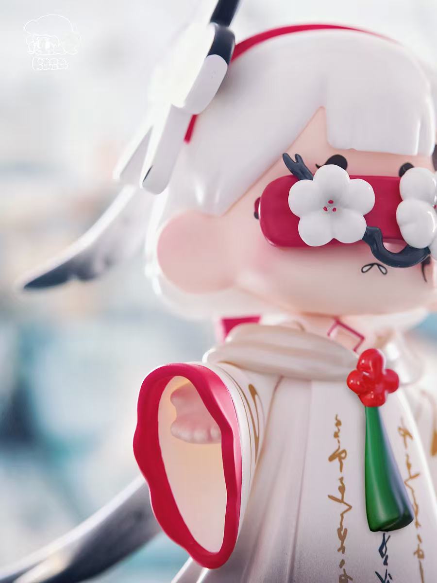 KASA 2.0 - Mystic Tales Blind Box Series features a chibi art toy with futuristic headgear, red visor, and Japanese-inspired robe with floral motifs.