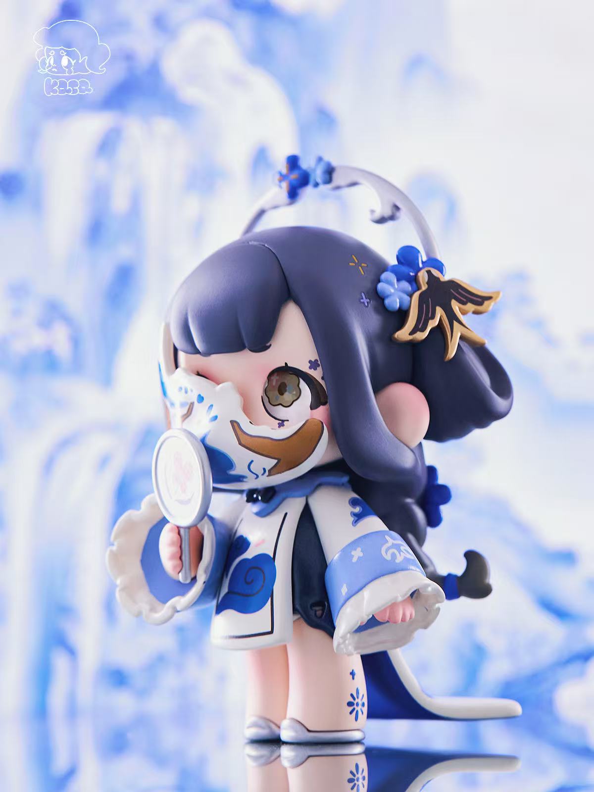 KASA 2.0 - Mystic Tales Blind Box Series figure in traditional outfit, half-face mask, with mirror, showcasing intricate details and chibi style.