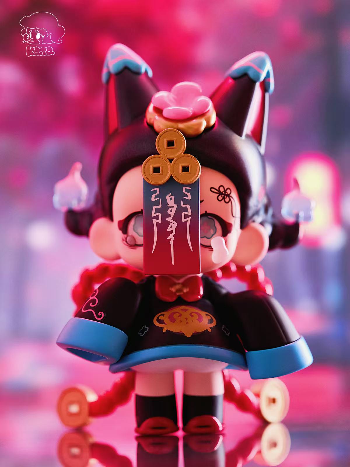 KASA 2.0 - Mystic Tales figure, featuring a jiangshi design with traditional Chinese outfit, ghost flames, coins, and talisman, glowing in pink-purple light.