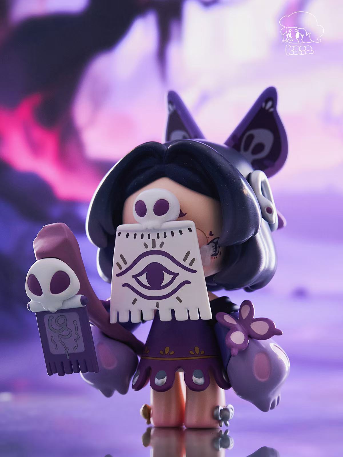 KASA 2.0 - Mystic Tales Blind Box Series figurine with a veiled eye mask, skull-topped staff, and stylized butterfly, embodying a mystical, art toy design.