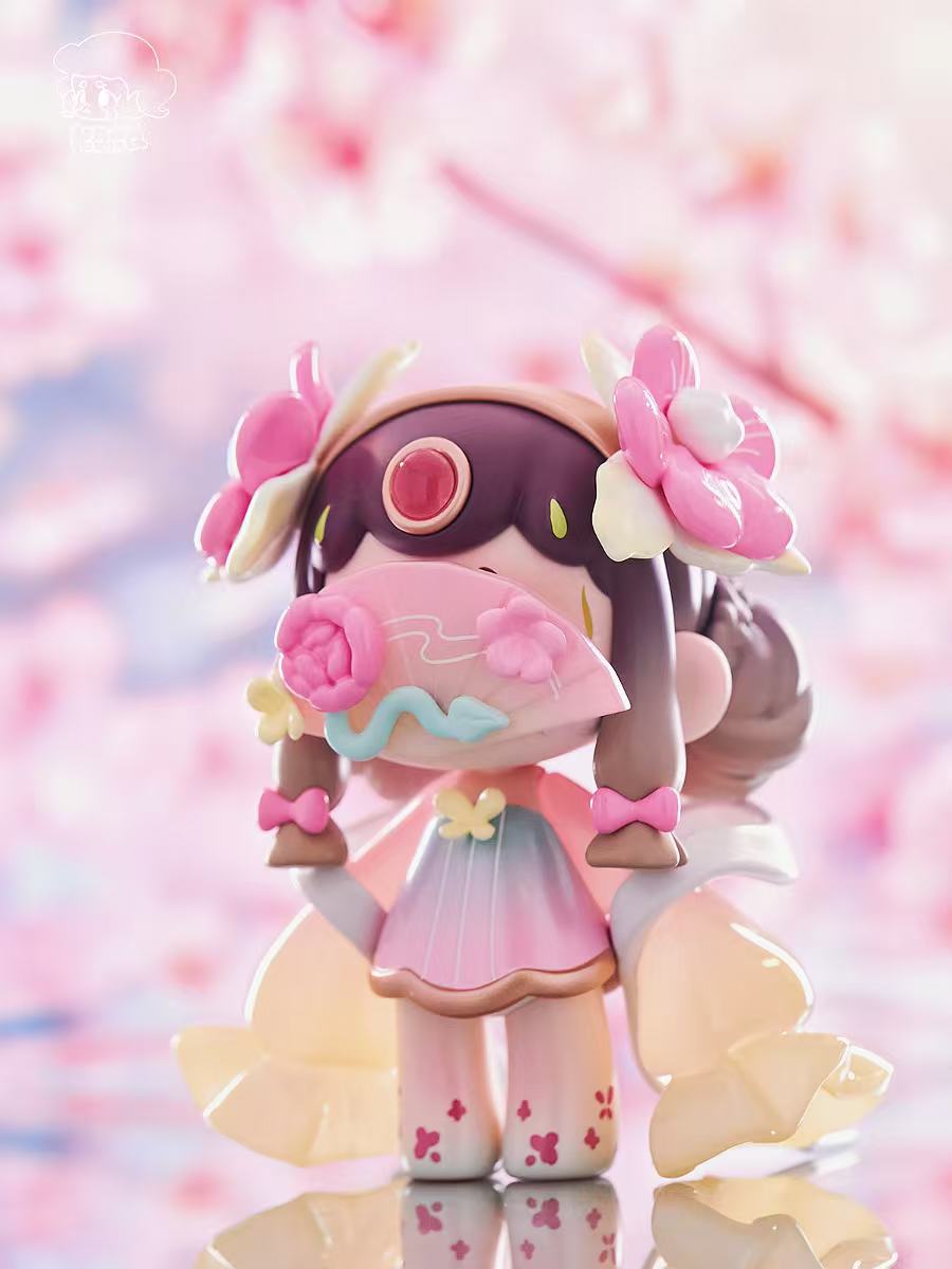 KASA 2.0 - Mystic Tales Blind Box Series figurine: chibi girl with braided hair, pink dress, floral fan, and jewel ornament, embodying whimsical, collectible art toy charm.