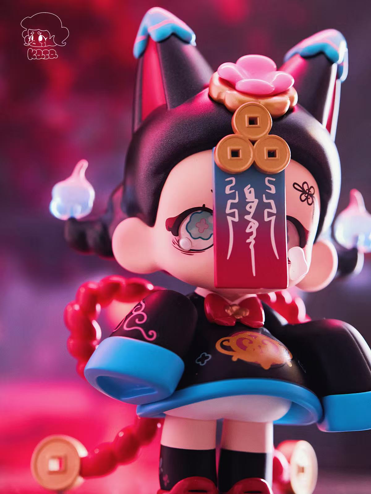 KASA 2.0 - Mystic Tales Blind Box Series: Chibi jiangshi figure with cat-ear hood, red talisman, floral eyes, spirit flames, and gold accents, crafted from PVC.