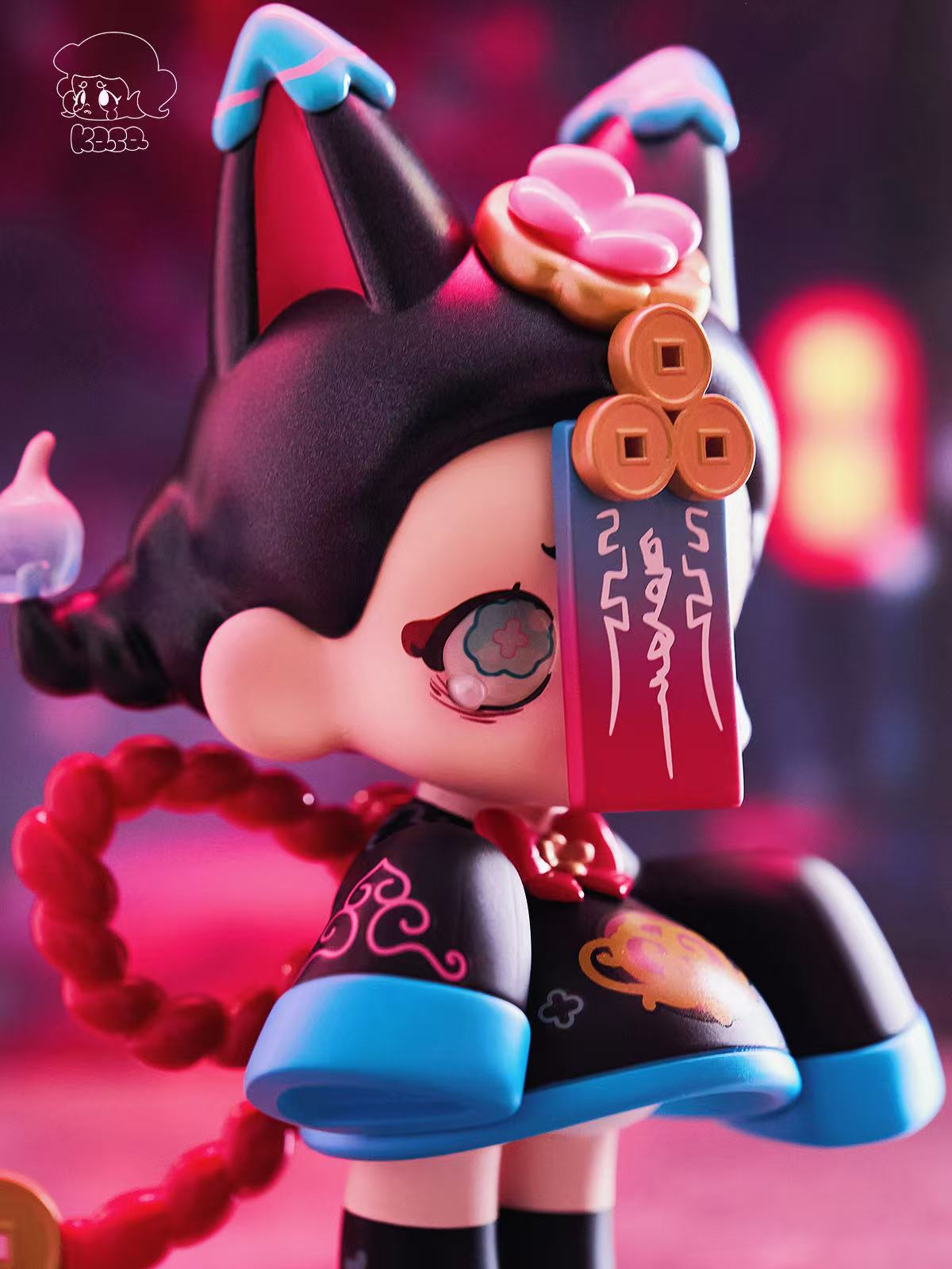 KASA 2.0 - Mystic Tales Blind Box Series: Anime-style vinyl figure with cat ears, red talisman, flower eye, and braided cord, embodying a supernatural theme.