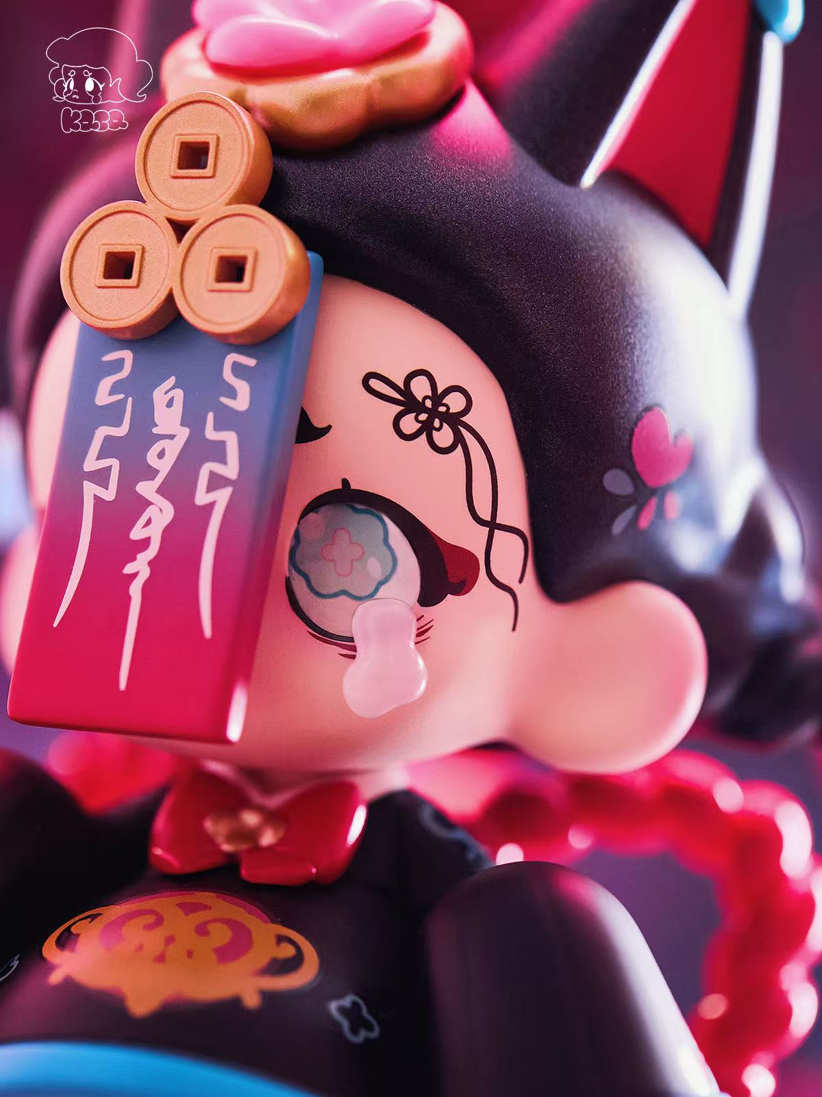 KASA 2.0 - Mystic Tales Blind Box Series figurine, featuring a stylized girl with pigtails, oversized eye, talisman, coins, red bow-tie, and tiger motif outfit.