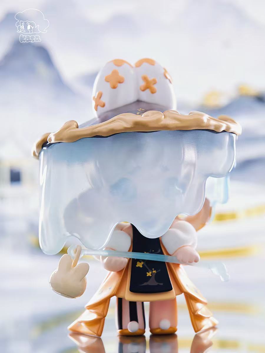 KASA 2.0 - Mystic Tales Blind Box Series figure, chibi-styled with a translucent mask, orange trench-coat, and blue staff, on glossy surface.