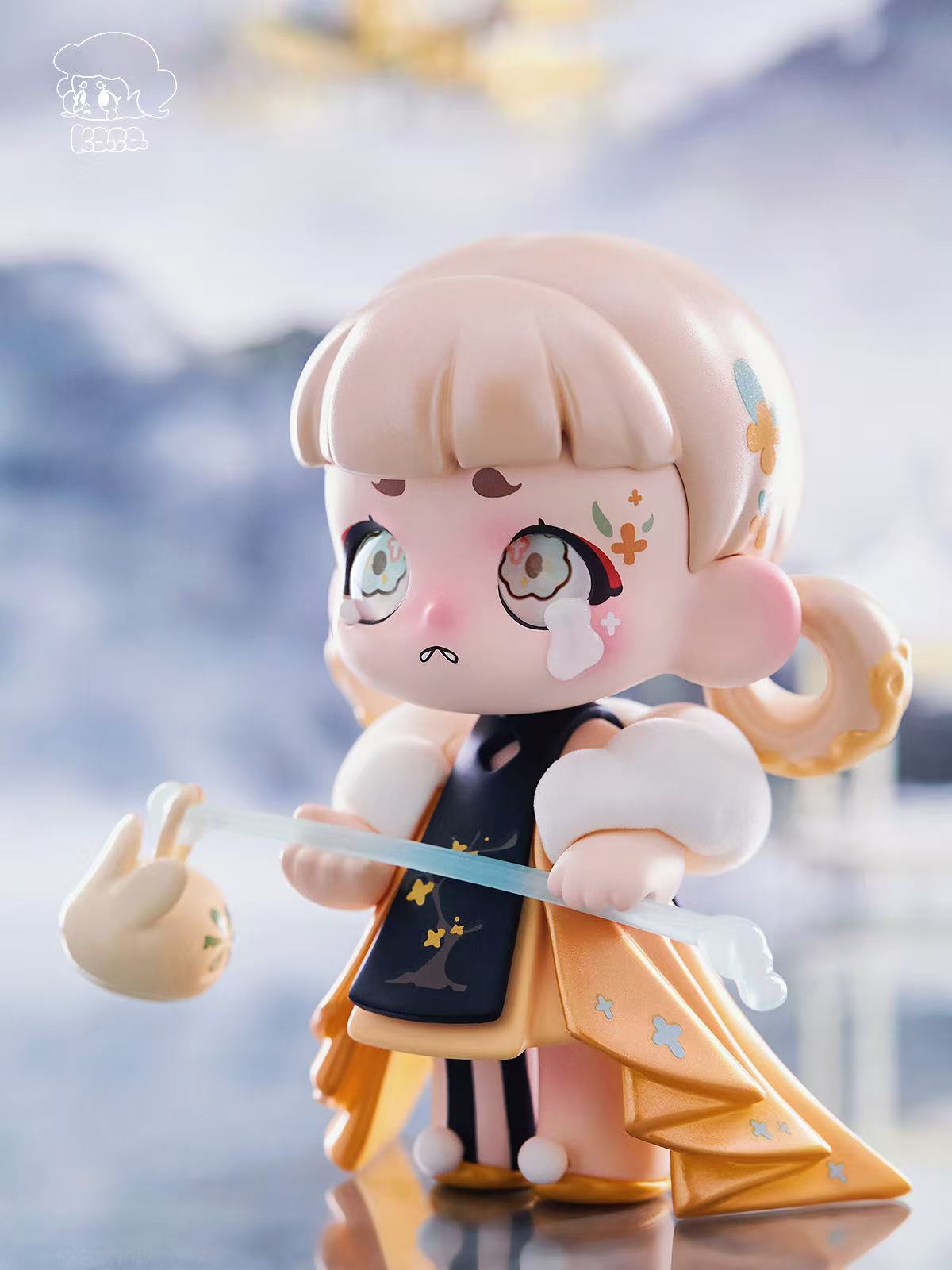 KASA 2.0 - Mystic Tales Blind Box Series: Chibi vinyl figure with floral-eyed expression, kimono outfit, and rabbit mask on translucent staff, 12CM PVC art toy.