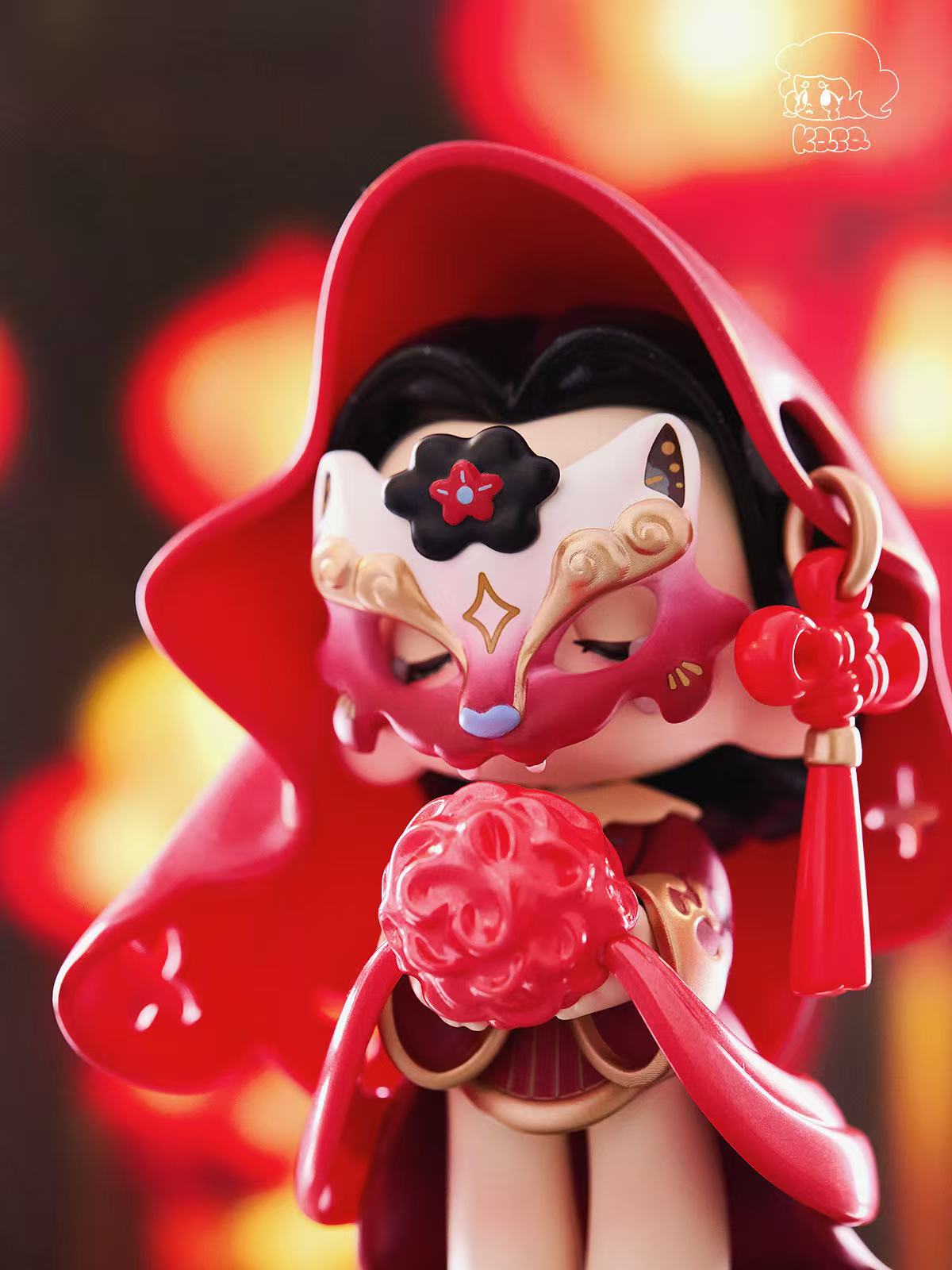 KASA 2.0 - Mystic Tales Blind Box Series figurine, featuring a chibi-style figure in a red hooded cloak with a fox half-mask, holding a red flower-ball.