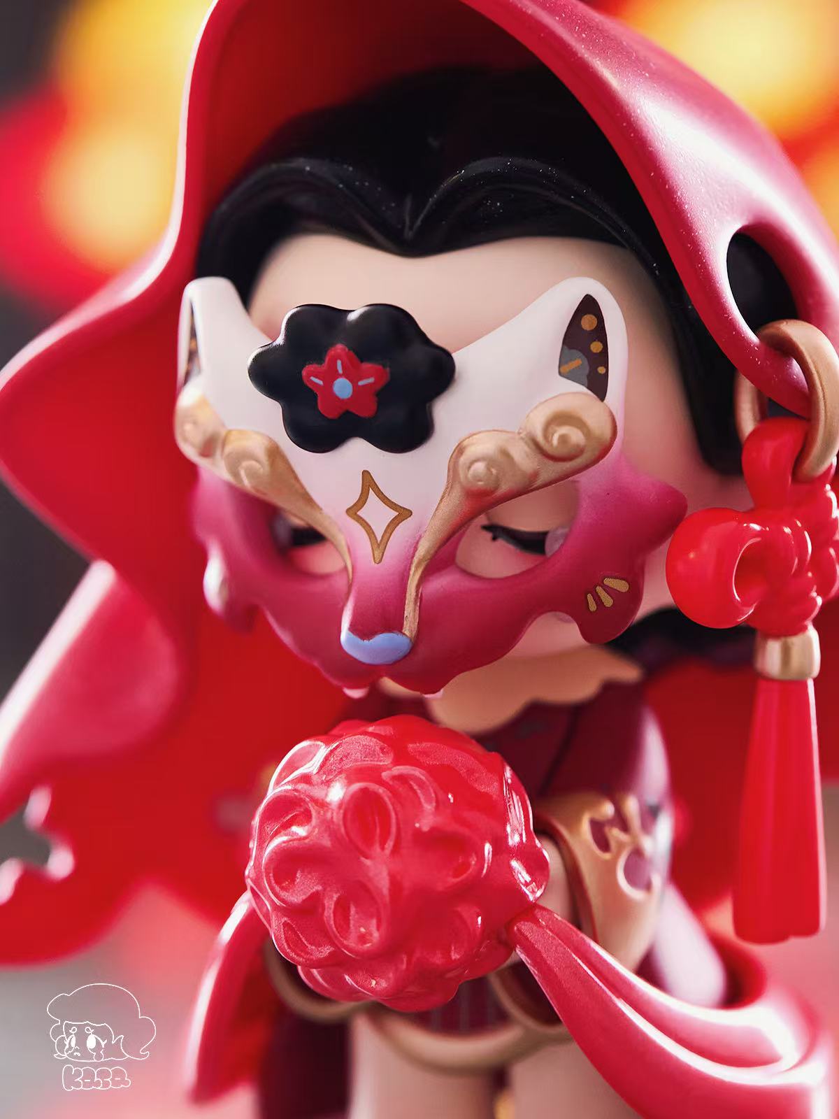 KASA 2.0 - Mystic Tales Blind Box Series figurine, featuring a red hooded cloak, fox mask, and ornamental sphere. PVC, 12CM, part of a collectible series.