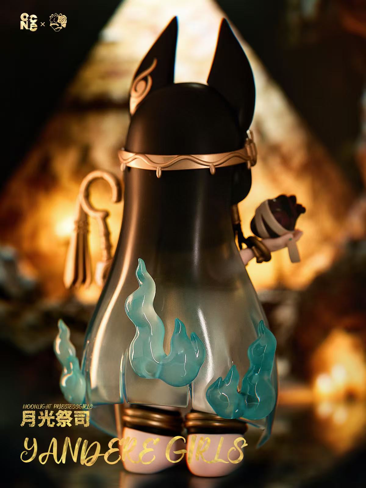 Chibi figure with black fox-ear headgear, teal flame motifs, holding crook and rose scepter. Yandere Girls The Priestess was born for the moonlight preorder collectible.