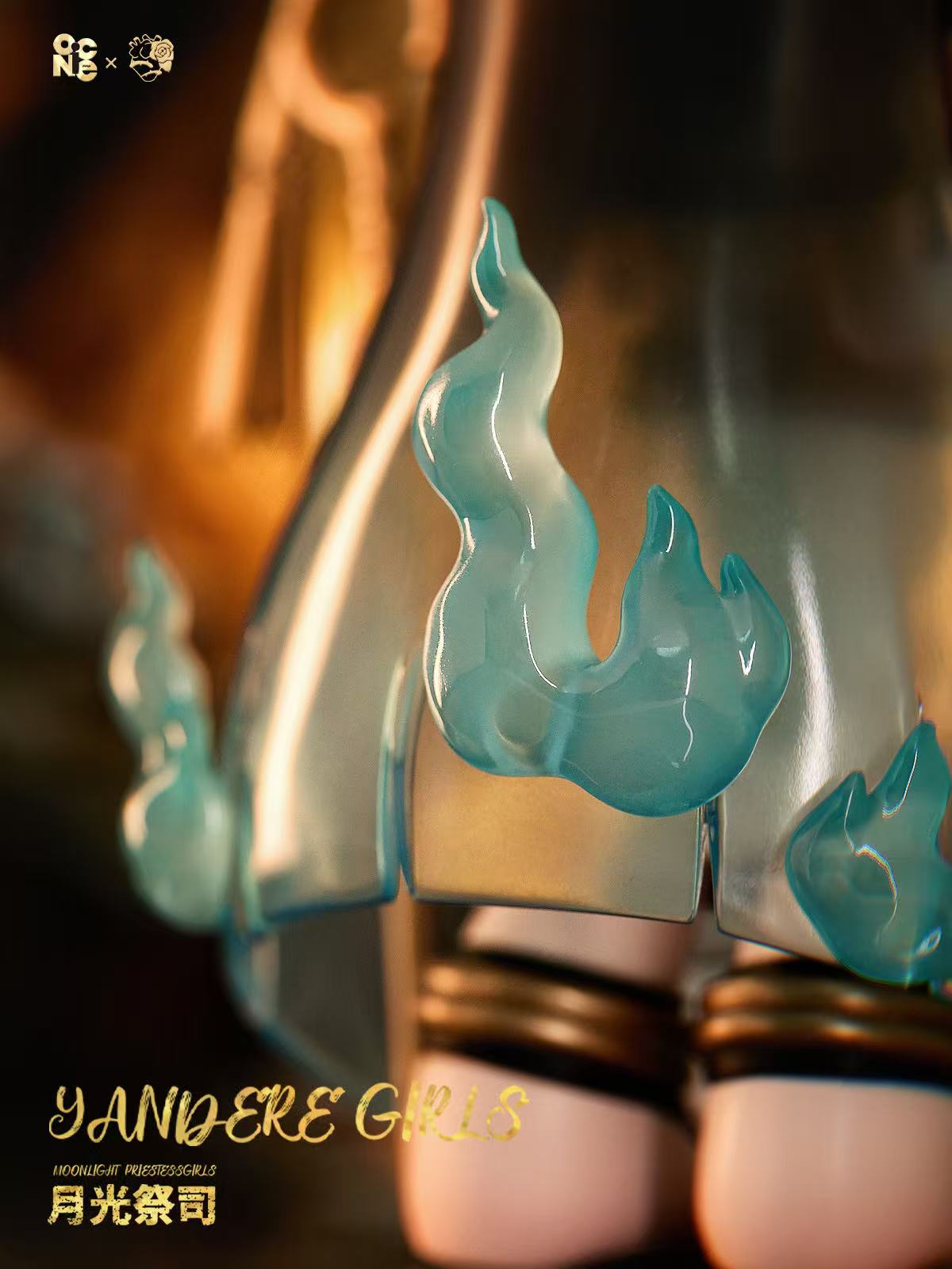 Yandere Girls: The Priestess figurine featuring a silvery skirt with blue flames and thigh-high stockings, available for preorder at Strangecat Toys.