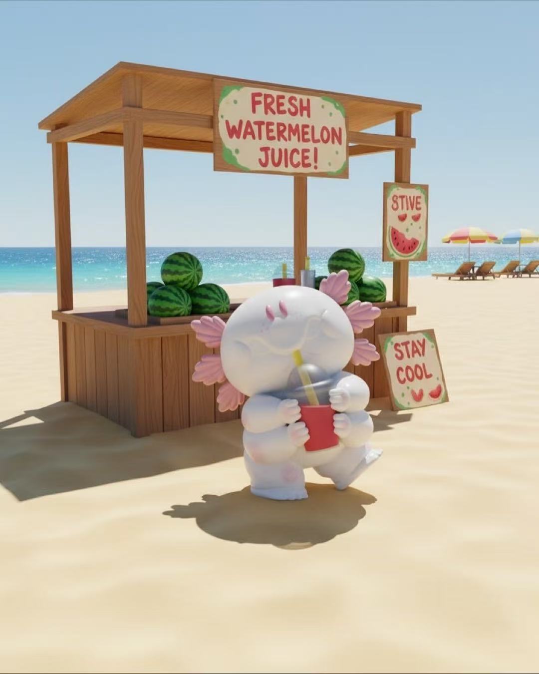 MACARONI’s MYSTERIOUS LIFE Blind Box by Grape Brain featuring a beach scene with a whimsical axolotl sipping juice at a wooden stand.