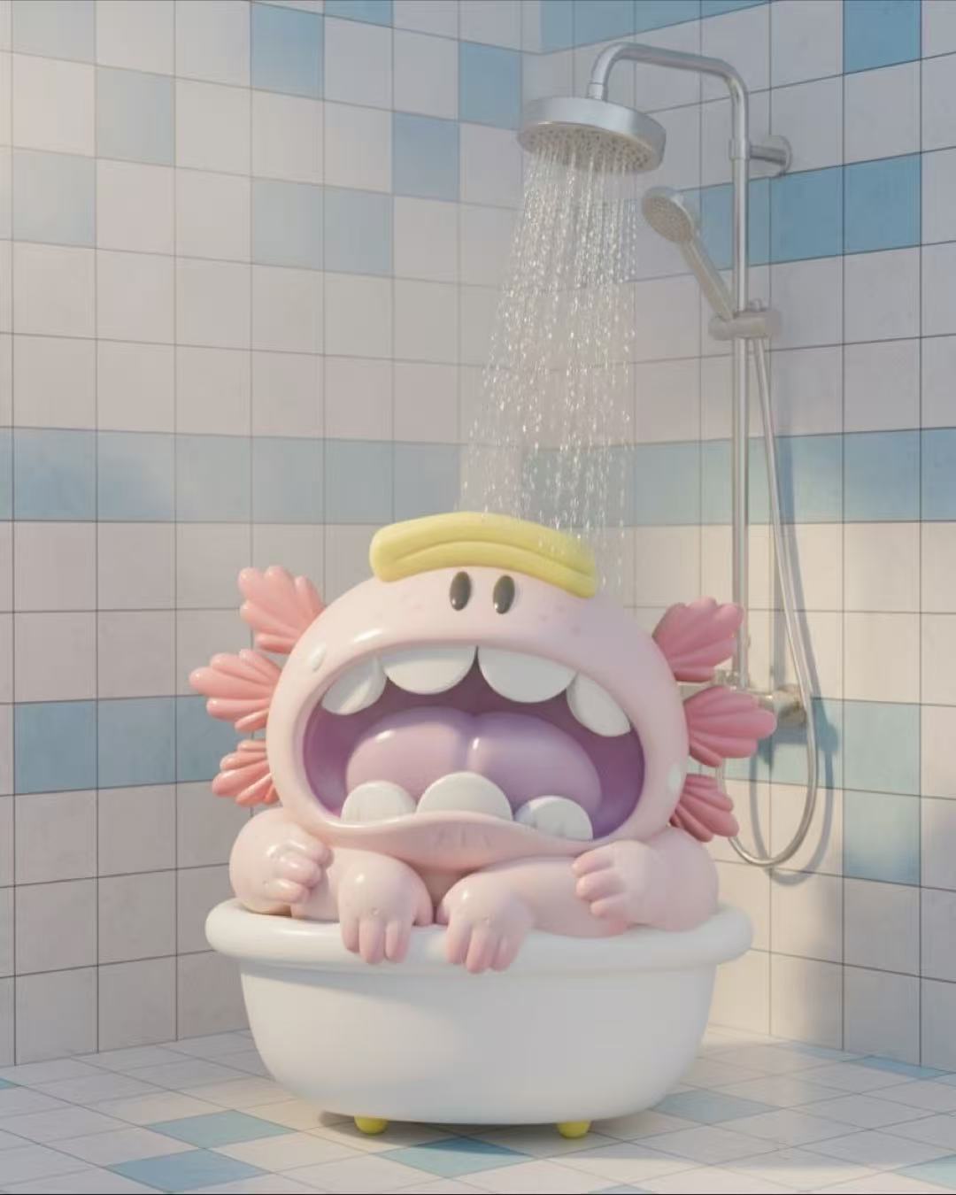 3D-rendered pink creature in a clawfoot tub under a shower, showcased as part of MACARONI’s MYSTERIOUS LIFE Blind Box by Grape Brain.