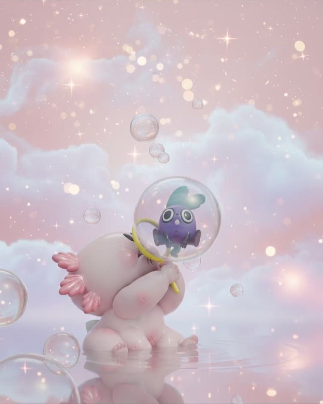 MACARONI’s MYSTERIOUS LIFE Blind Box by Grape Brain: A dreamy 3D axolotl scene with bubbles and critters, available for preorder at Strangecat Toys.