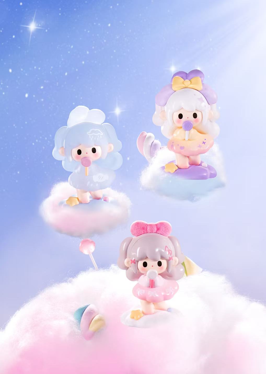 UUTIY Sweety Land Blind Box Series: Chibi figures on clouds, each with lollipops and doughnut attire, set in a dreamy scene.
