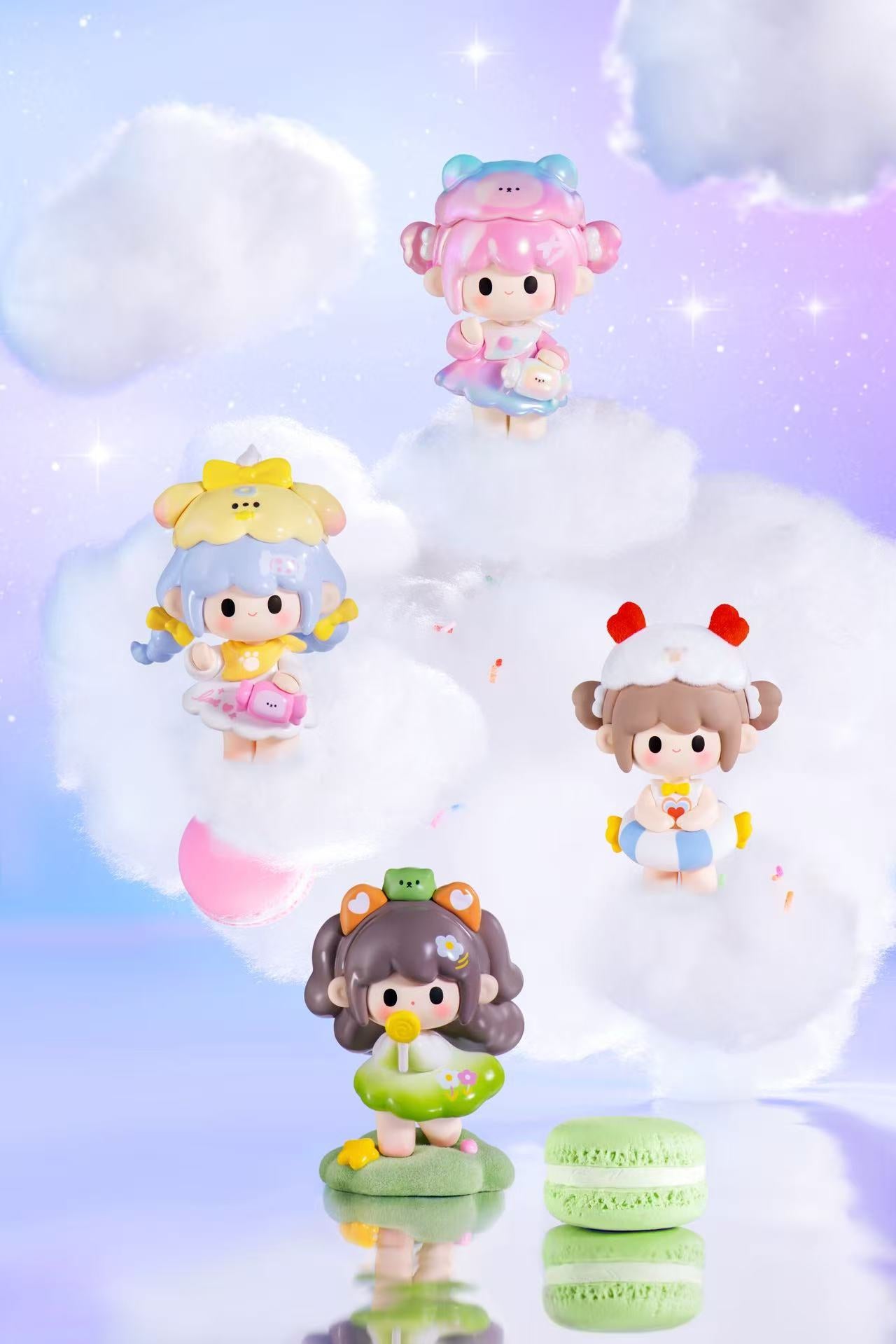 UUTIY Sweety Land Blind Box Series: Four chibi figures with animal-themed headgear on clouds, featuring unique designs, reflecting Strangecat Toys' artistic blind box collection.